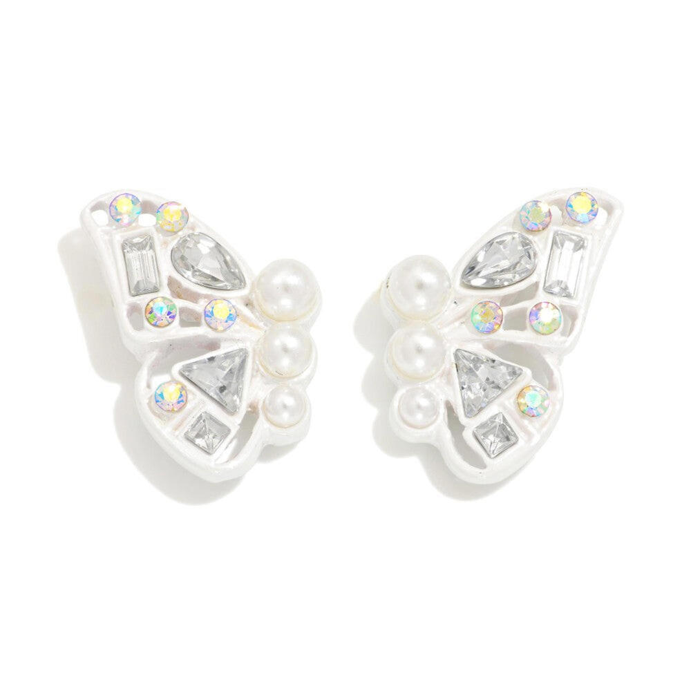 Rhinestone & Pearl Studded Butterfly Earrings - White